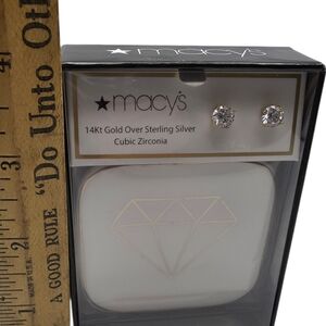 New Macy's 14 Kt Gold Over Sterling Silver Earrings C.Z. Studs w/ Trinket Dish